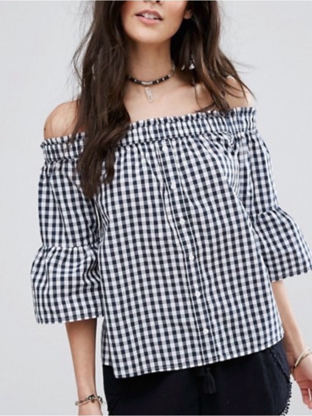 Abercrombie & Fitch Black and White Gingham Off-Shoulder Top Size Medium